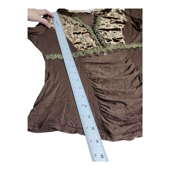 NEW Lucy Paris Brown Velvet Embroidered Sequin Boho Ruched Long Sleeve Top Large - Picture 5 of 12